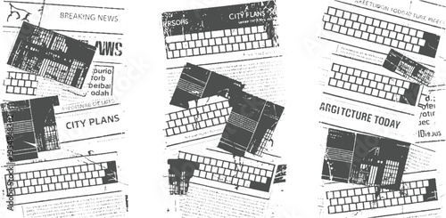 Overlapping dark gray keyboards and newspaper clippings with text and headlines breaking
