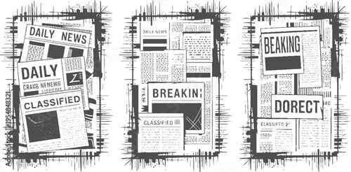 Three panels of vintage newspapers with headlines daily news classified breaking and dorect in dark grey on white
