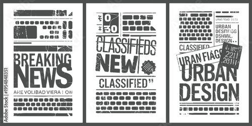 Three distressed grey newspaper style with text breaking news classified and urban