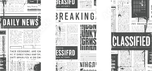 Collage of newspaper pages with headlines Daily News Breaking Classified and abstract text blocks