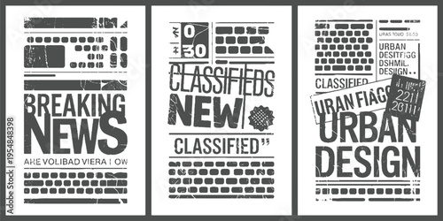 Three distressed newspaper style panels with bold text breaking news classified and urban vintage grunge