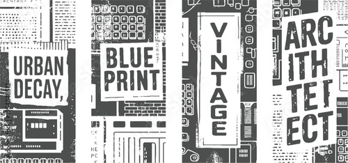 Four vertical panels with distressed text and architectural in monochrome urban decay blueprint vintage