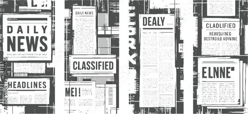 Vintage newspaper collage with headlines classified ads and daily news sections in grayscale