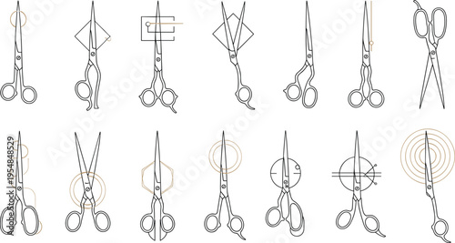 Precision cutting scissors icons set with alignment guides and targeting marks vector illustration