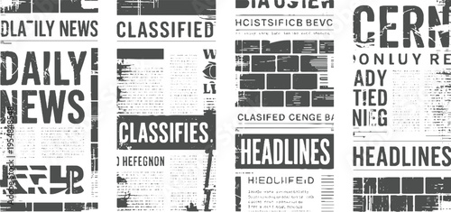 Grunge newspaper pages with headlines classified ads and brick texture patterns