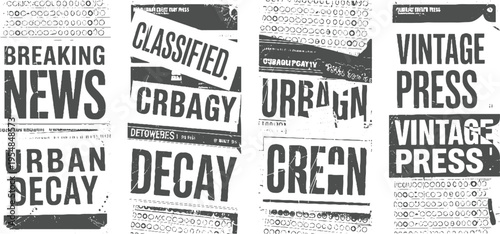 Four distinct newspaper clippings featuring bold dark gray text on a white background with distressed textures and scattered dots and lines