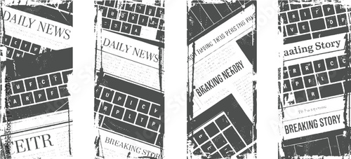 Four dark gray and white panels featuring newspaper headlines and keyboard keys in a distressed style