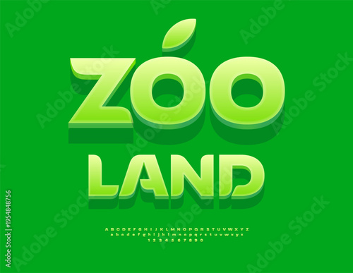 Vector Eco emblem Zoo Land. Glossy Green Font. Elegant Stylish Alphabet Letters and Numbers set.