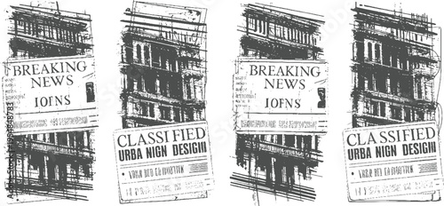 Four distressed grey newspaper clippings with building and text breaking classified urban