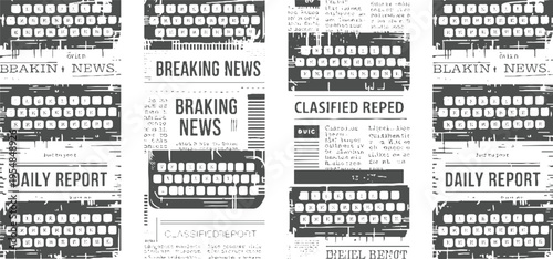 Four panels of vintage newspaper clippings with typewriters and headlines like Breaking News and Daily Report