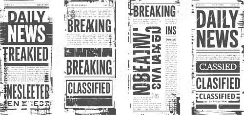 Four newspaper pages with bold headlines daily news freaked and breaking classified ads