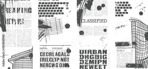 Collage of distressed newspaper clippings and with abstract textures and architectural grunge