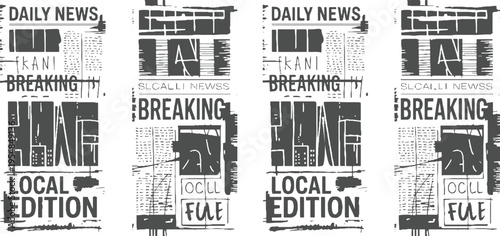 Four dark grey newspaper headlines and articles with text and on a white background daily breaking local