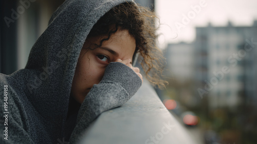 Sad young woman leaning on a balcony railing with partially hidden face, expressing loneliness, emotional stress, and quiet contemplation in urban setting