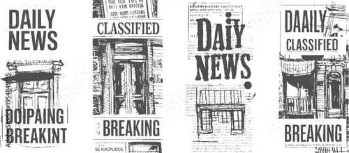 Four newspaper front pages with headlines like Daily News Classified and Breaking news featuring sketched building facades
