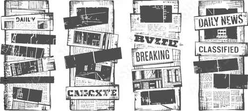 Stacked newspaper pages with headlines and dark obscuring bars in a vintage woodcut style daily classified