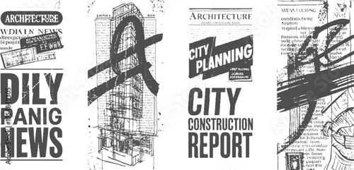 Four newspaper clippings with architectural and city planning headlines and architecture