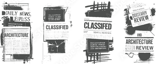 Four stylized newspaper pages with architectural and classified sections in dark gray and white architecture