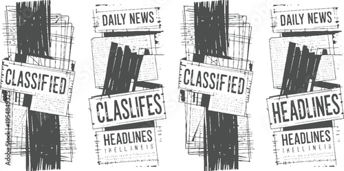Four panels of newspaper clippings and signs with text classified daily news and headlines in a sketched style