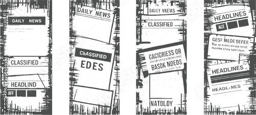 Four panels of distressed vintage newspaper clippings with headlines and classified ads in dark gray and white