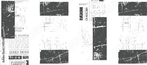 Grayscale distressed newspaper fragments with text and