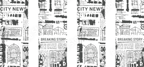 Four vertical newspaper sections with city news headlines and architectural in black and white breaking