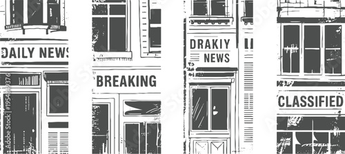 Four vintage newspaper storefronts displaying headlines daily news breaking news and classifieds in a monochromatic style