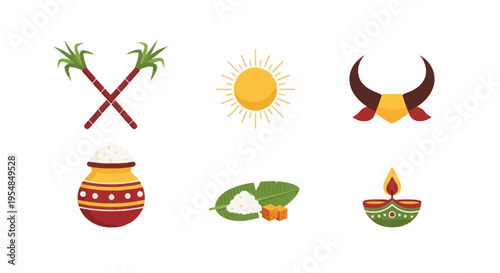Pongal Festival Icons: Sugarcane, Sun, Pot, Diya, and Buffalo Horns