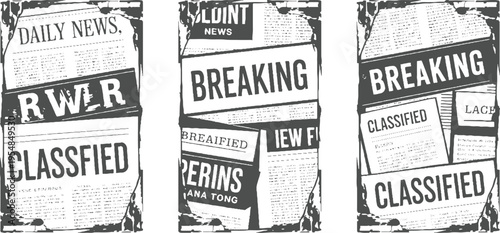 Three vintage newspapers with headlines breaking news and classified ads in grayscale