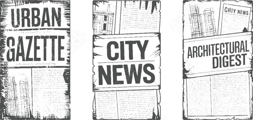 Three vintage newspaper headlines Urban Gazette City News Architectural Digest with textured borders and grayscale