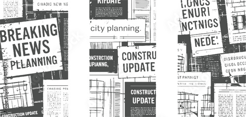 Collage of newspaper clippings with headlines about breaking news planning and construction updates in grayscale