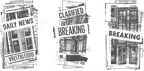 Three vintage newspaper clippings with bold headlines and textured backgrounds breaking