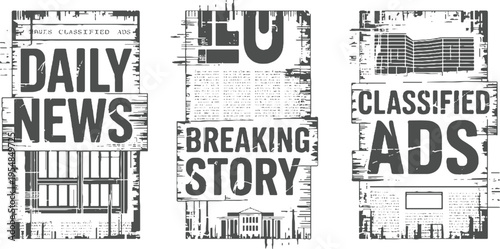 Three vintage newspaper sections with bold headlines and of buildings and text classified
