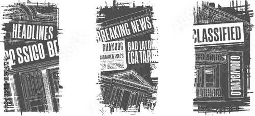 Three distressed newspaper headlines and classified ads in dark gray and white breaking