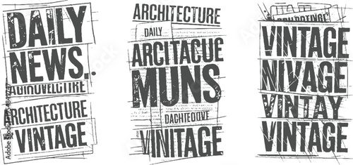 Three grunge style newspaper clippings with text daily news architecture vintage and other words