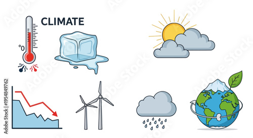 Climate Change Icons: Thermometer, Melting Ice, Earth, Wind Turbines, Graph