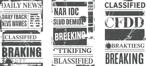 Three distressed newspaper sections with headlines like daily news classified and breaking news