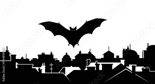 Bat flying over city skyline.