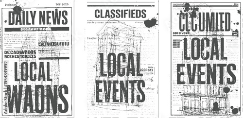 Three vintage newspaper pages with large bold text and ink splatters grunge textured