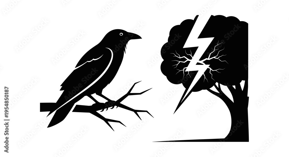 Fototapeta premium Bird on branch with lightning.