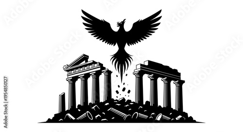 Bird flying over ancient ruins.