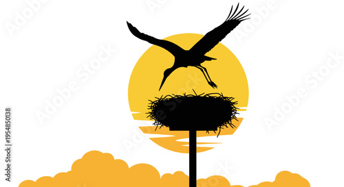 Bird in nest at sunset.