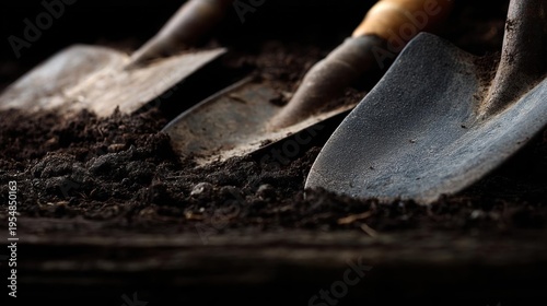 Two garden trowels lying on top of a pile of soil. the soil appears to be freshly dug and is dark brown in color.