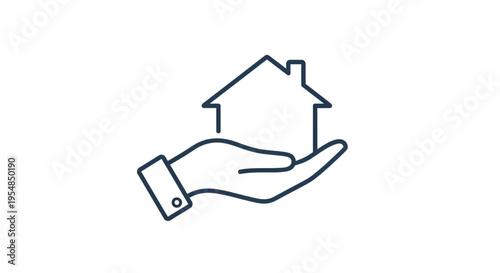 Minimalist Line Art Illustration of a Human Hand Holding a House Icon Representing Real Estate or Home Insurance