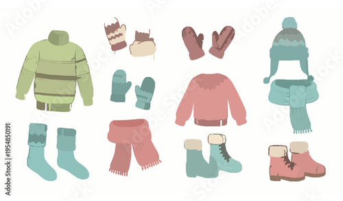 Hand-drawn winter clothing doodle set with sweaters, mittens, hats, scarves, gloves, socks, and shoes for kids’ prints and designs