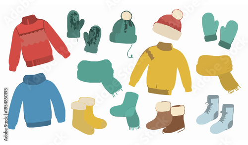 Hand-drawn winter clothing doodle set with sweaters, mittens, hats, scarves, gloves, socks, and shoes for kids’ prints and designs
