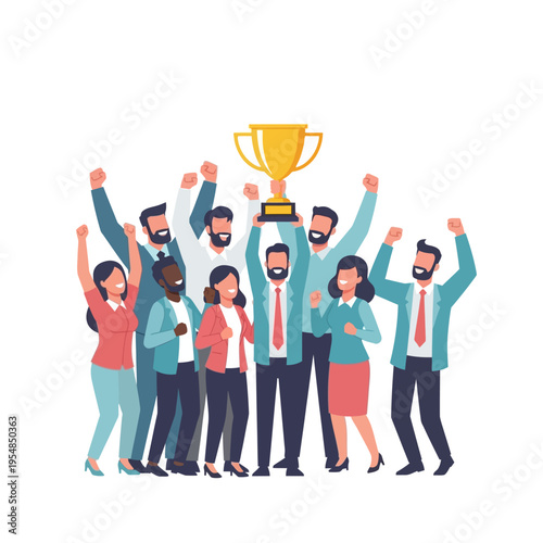 Diverse team celebrating victory holding a golden trophy, teamwork success, achievement concept