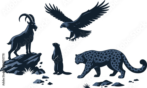 Wildlife Animals Vector Illustration – Goat, Eagle, Otter, and Leopard in Nature Settings