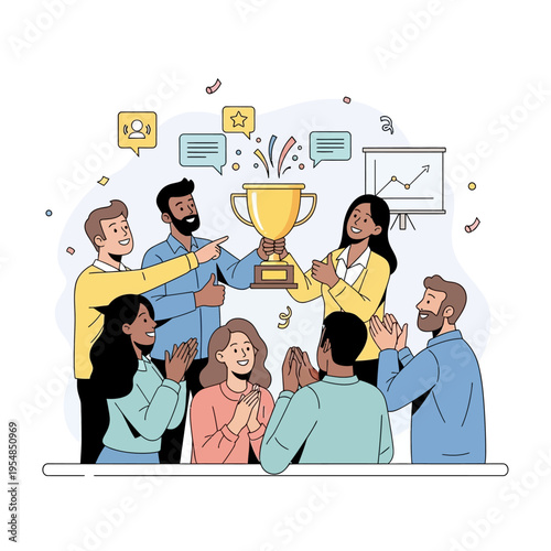 Team celebrating victory with trophy and confetti, business success concept