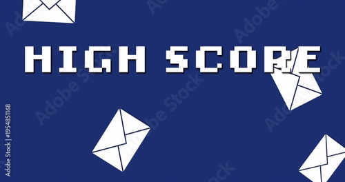 Animation of high score text, digital online envelope icons on blue background